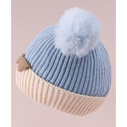 Babyhug Cable Knitted Woollen Cap with Pom Pom - Blue