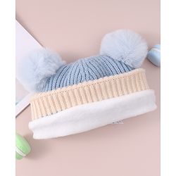 Babyhug Cable Knitted Woollen Cap with Pom Pom - Blue