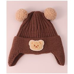 Babyhug Cable Knitted Pom Pom Woollen Cap with Teddy Bear Applique - Brown