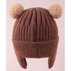 Babyhug Cable Knitted Pom Pom Woollen Cap with Teddy Bear Applique - Brown