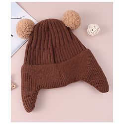 Babyhug Cable Knitted Pom Pom Woollen Cap with Teddy Bear Applique - Brown