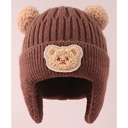 Babyhug Cable Knitted Pom Pom Woollen Cap with Teddy Bear Applique - Brown
