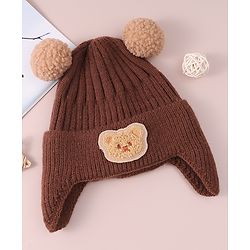 Babyhug Cable Knitted Pom Pom Woollen Cap with Teddy Bear Applique - Brown