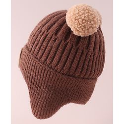Babyhug Cable Knitted Pom Pom Woollen Cap with Teddy Bear Applique - Brown