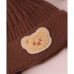 Babyhug Cable Knitted Pom Pom Woollen Cap with Teddy Bear Applique - Brown