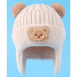 Babyhug Cable Knitted Pom Pom Woollen Cap with Teddy Bear Applique - Beige
