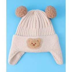 Babyhug Cable Knitted Pom Pom Woollen Cap with Teddy Bear Applique - Beige
