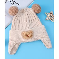 Babyhug Cable Knitted Pom Pom Woollen Cap with Teddy Bear Applique - Beige