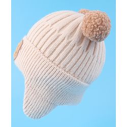Babyhug Cable Knitted Pom Pom Woollen Cap with Teddy Bear Applique - Beige