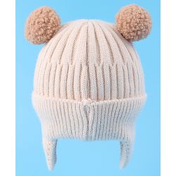 Babyhug Cable Knitted Pom Pom Woollen Cap with Teddy Bear Applique - Beige