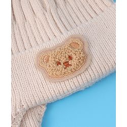 Babyhug Cable Knitted Pom Pom Woollen Cap with Teddy Bear Applique - Beige