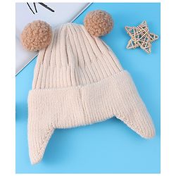 Babyhug Cable Knitted Pom Pom Woollen Cap with Teddy Bear Applique - Beige