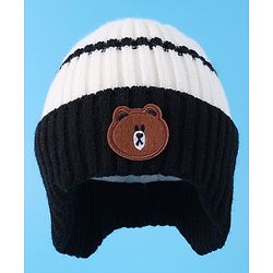 Babyhug Cable Knitted Woollen Cap with Teddy Bear Applique - Black