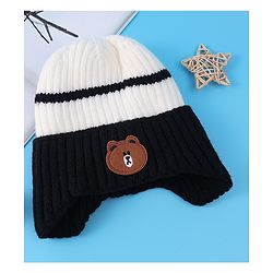 Babyhug Cable Knitted Woollen Cap with Teddy Bear Applique - Black
