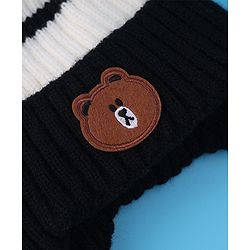 Babyhug Cable Knitted Woollen Cap with Teddy Bear Applique - Black