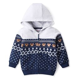 Babyhug Cotton Knit Full Sleeves Front Open Sweat Jacket with Hood Zipper & Teddy Print - Multicolour
