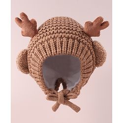 Babyhug Cable Knitted Woollen Cap with Knot & Reindeer Applique - Khaki