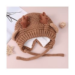 Babyhug Cable Knitted Woollen Cap with Knot & Reindeer Applique - Khaki