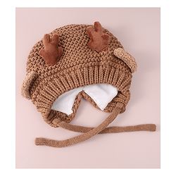Babyhug Cable Knitted Woollen Cap with Knot & Reindeer Applique - Khaki