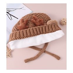Babyhug Cable Knitted Woollen Cap with Knot & Reindeer Applique - Khaki