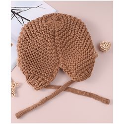 Babyhug Cable Knitted Woollen Cap with Knot & Reindeer Applique - Khaki