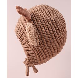 Babyhug Cable Knitted Woollen Cap with Knot & Reindeer Applique - Khaki