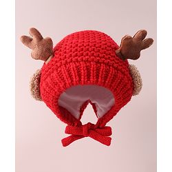 Babyhug Cable Knitted Woollen Cap with Knot & Reindeer Applique - Red