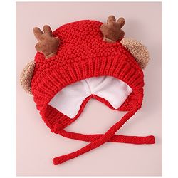 Babyhug Cable Knitted Woollen Cap with Knot & Reindeer Applique - Red