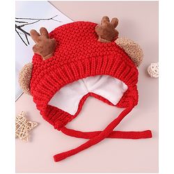 Babyhug Cable Knitted Woollen Cap with Knot & Reindeer Applique - Red