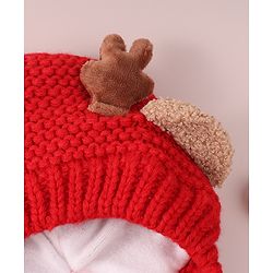Babyhug Cable Knitted Woollen Cap with Knot & Reindeer Applique - Red
