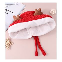 Babyhug Cable Knitted Woollen Cap with Knot & Reindeer Applique - Red