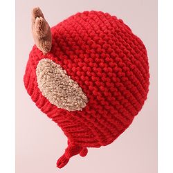 Babyhug Cable Knitted Woollen Cap with Knot & Reindeer Applique - Red