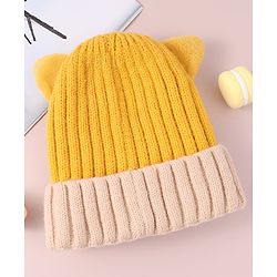 Babyhug Cable Knitted Woollen Cap with Ear Applique - Yellow