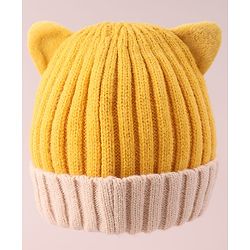 Babyhug Cable Knitted Woollen Cap with Ear Applique - Yellow