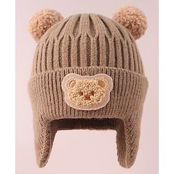 Babyhug Cable Knitted Woollen Cap with Teddy Bear Applique & Pom Pom - Khaki