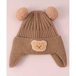 Babyhug Cable Knitted Woollen Cap with Teddy Bear Applique & Pom Pom - Khaki