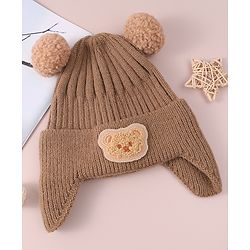 Babyhug Cable Knitted Woollen Cap with Teddy Bear Applique & Pom Pom - Khaki