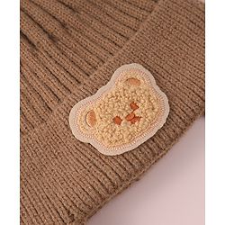 Babyhug Cable Knitted Woollen Cap with Teddy Bear Applique & Pom Pom - Khaki
