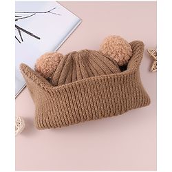 Babyhug Cable Knitted Woollen Cap with Teddy Bear Applique & Pom Pom - Khaki