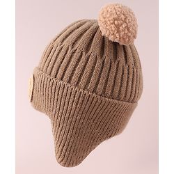 Babyhug Cable Knitted Woollen Cap with Teddy Bear Applique & Pom Pom - Khaki