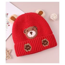 Babyhug Cable Knit Woollen Cap with Teddy Bear Ear Applique - Red