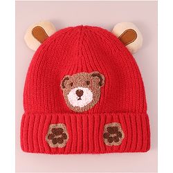 Babyhug Cable Knit Woollen Cap with Teddy Bear Ear Applique - Red