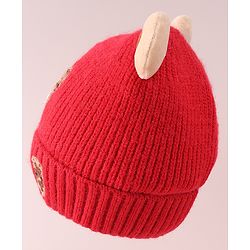 Babyhug Cable Knit Woollen Cap with Teddy Bear Ear Applique - Red