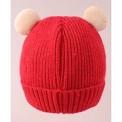 Babyhug Cable Knit Woollen Cap with Teddy Bear Ear Applique - Red