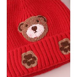 Babyhug Cable Knit Woollen Cap with Teddy Bear Ear Applique - Red
