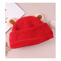 Babyhug Cable Knit Woollen Cap with Teddy Bear Ear Applique - Red