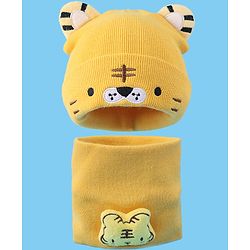 Babyhug Ear Applique Woollen Cap & Muffler Set Lion Design - Yellow