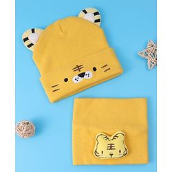 Babyhug Ear Applique Woollen Cap & Muffler Set Lion Design - Yellow