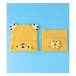 Babyhug Ear Applique Woollen Cap & Muffler Set Lion Design - Yellow