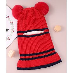 Babyhug Pom Pom Monkey Cap with Cable Knit Design - Red